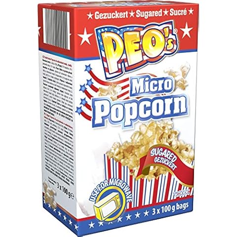 Peo's Micro Popcorn, Gezuckertes Mikrowellenpopcorn im 36er Vorteilspack, 12 Schachteln mit 3 x 100 g Inhalt, Popcorn Mais süß Cover