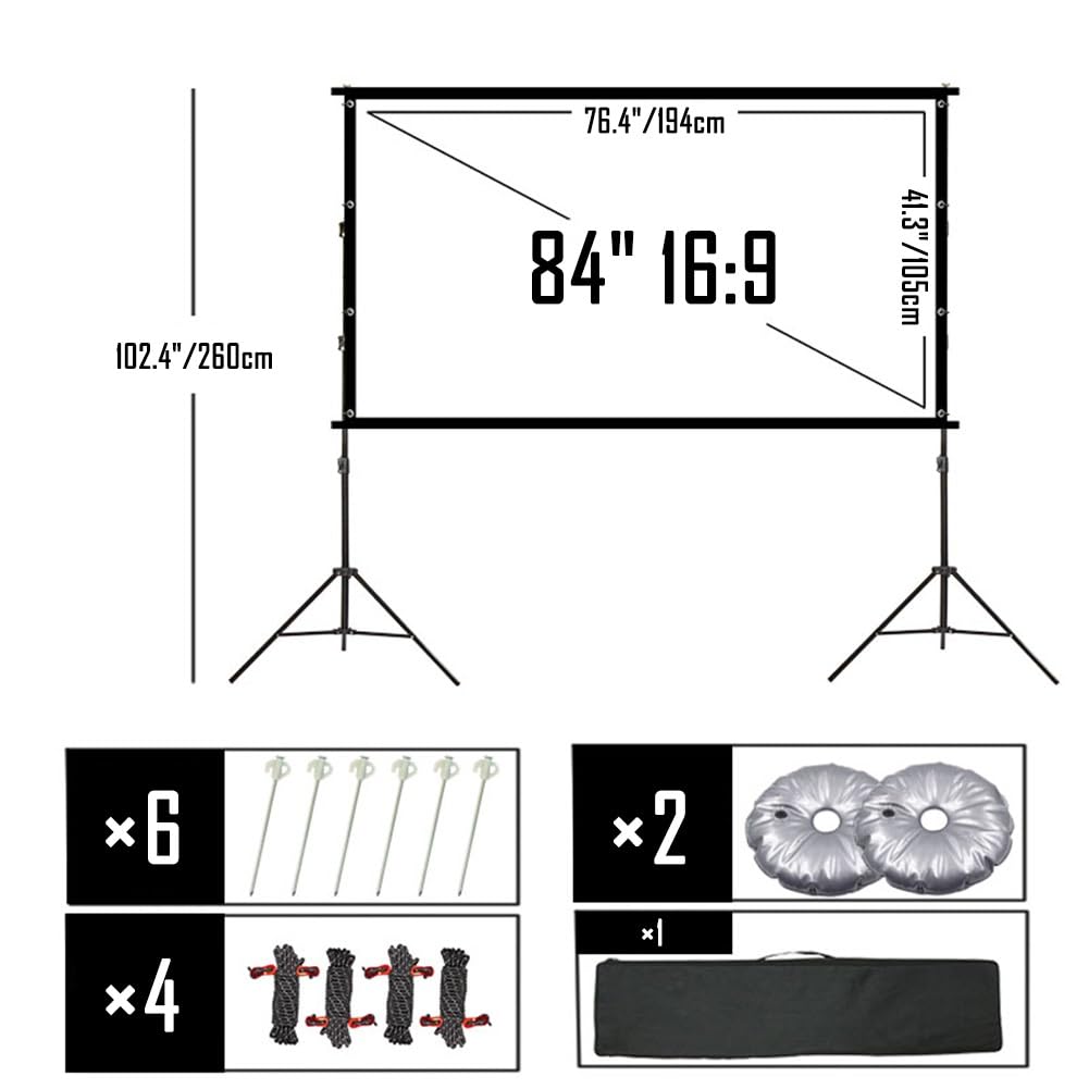 60 84 100 120 Pollici Schermo del Proiettore con Treppiede, 16:9 4K HD Telo Cinematografico All'aperto, Anti Rughe per Ufficio Home Theater Video(84 inch)