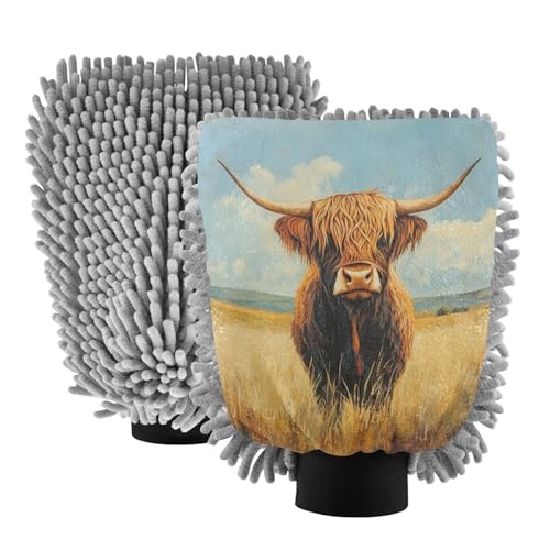 Flradish 2 Pack Highland Cow Car Wash Mitt Chenille Microfiber Lint-Free Scratch Free Ultra-Soft Absorbent Car Wash Mitt 10.2x7.09 Inch