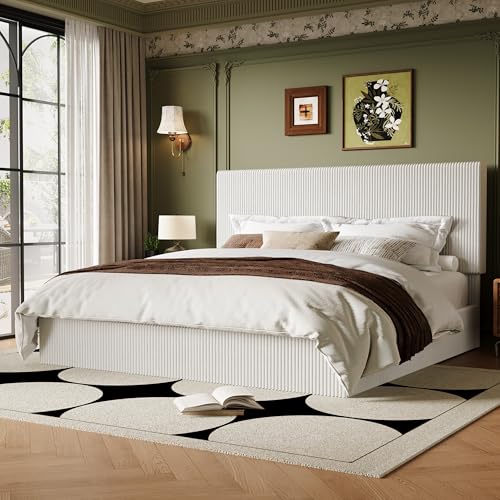 Image of Allewie King Bed Frame, Adjustable Corduroy Headboard, Platform, White | Adjustable Headboard, Corduroy Fabric, Low Profile, Wooden Slats, 1000 lb Capacity, No Box Spring Needed