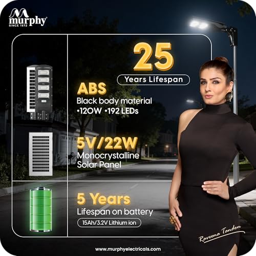 Image of Murphy 120W Solar Street Light | Light Output Equivalent to 16W LED | 192 SMD LEDs | 15Ah Battery | Dusk to Dawn Auto On /Off | Motion Sensor | IP65 Waterproof | Cool White | ABS Body | 1 Year Warranty
