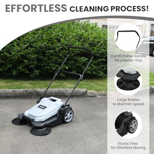 Image of Dapper Supply Walk-Behind Outdoor Hand Push Floor Sweeper - 5.25 Gallon Capacity - 25.5 inch Sweeping Width - Sweeps up to 27,900 ft /Hour, Grey