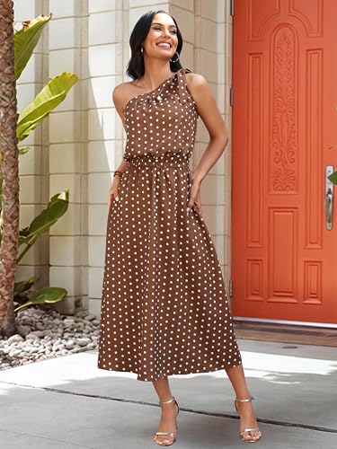 Image of ECOWISH Womens Summer One Shoulder Maxi Dress Casual Polka Dot Midi Dresses Sleeveless Long Pockets Sundress Beach Vacation