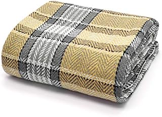 Velosso 100% Cotton Large Bourbon/Highland Check Batten Throwover Sofa Throw Bed Throw, Multicoloured (Grey/Ochre, 229cm X 254cm)