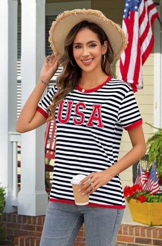Image of Ithalt Women 4th of July Shirt Fourth of July Shirts USA Sequin Tshirt American Patriotic T-Shirt Stripes Tee Tops