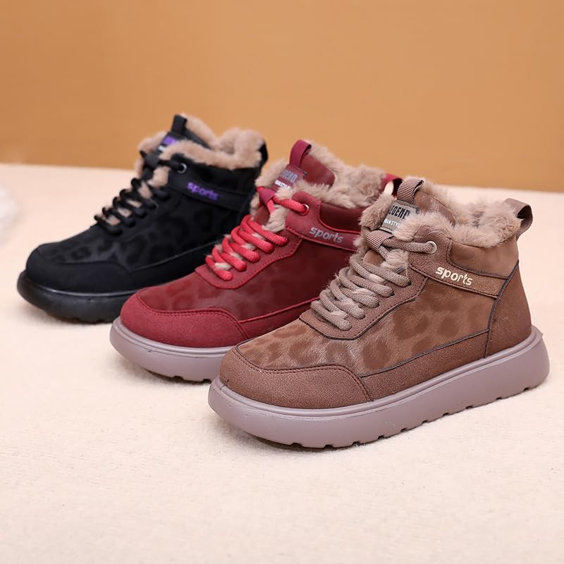 Women's Winter Snow Boots with Fur Lined Ankle Booties Cozy Leopard Print Thick-Soled Winter Warm Plush Ankle Boots Anti Slip Casual Outdoor Walking Sneakers