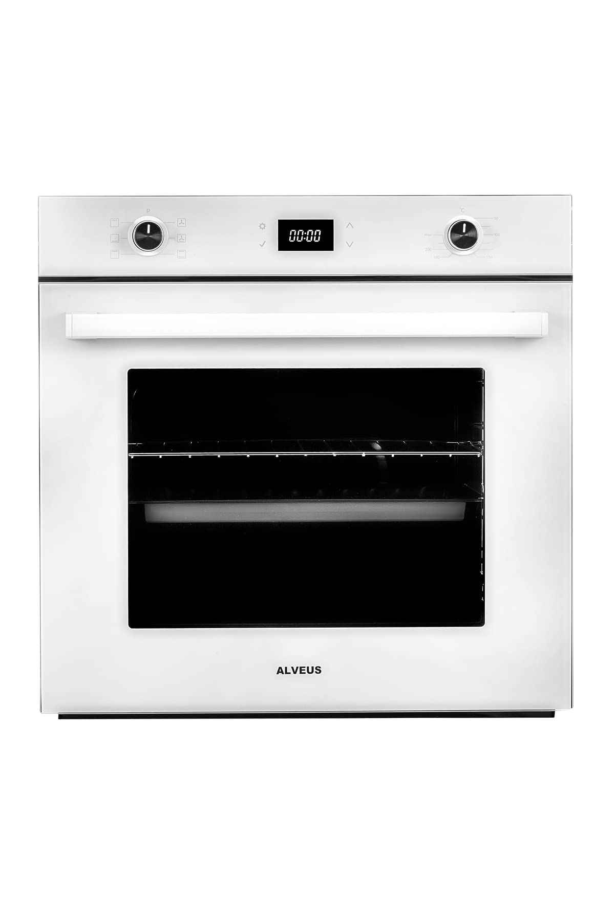 Interior view of the Alveus MFA 627 oven showing the top heating element, wire rack, and fan at the back.