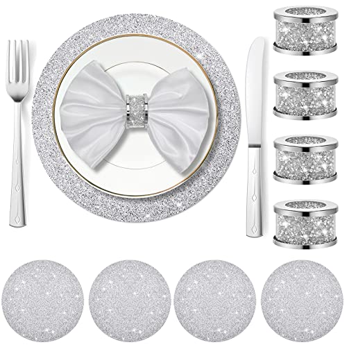 Suclain 8 Pcs Crushed Diamond Silver Napkin Rings Rhinestone Placemats Set Napkin Rings Holder Silver Crushed Rhinestone Placemats 13 x 13'' for Wedding Party Dinner Table Decoration (Classic Style)