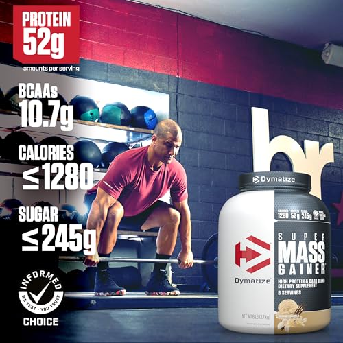 dymatize super mass gainer protein powder gourmet vanilla 52g protein 1g creatine 1280 calories 107g bcaas 245g carbs contains whey protein powder isolate and casein 8 servings