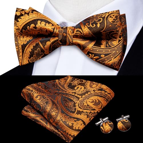 Image of Hi-Tie Bow Tie Men Pre Tied Bowtie Pocket Square Cufflinks Lapel Pin Formal Wedding Bow Ties for Men Party Tuxedo Bowtie Set,Black Orange Paisely Floral