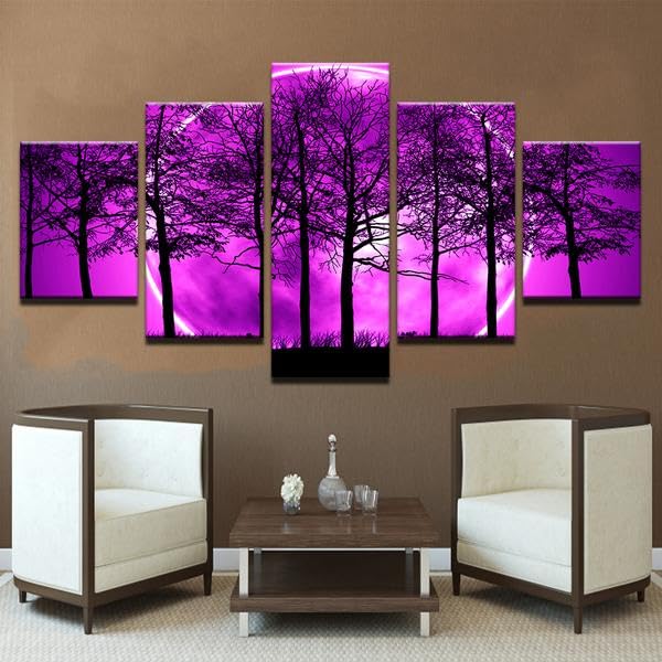 Tableau Lune Violette ANLIONE Décoration Murale en 5 Parties pour Salon