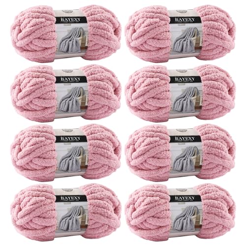 Image of Chunky Chenille Yarn for Hand Knitting 8 Jumbo Pack Jumbo Chunky Yarn for Hand Soft Blanket Knitting, Bulky Thick Fluffy Yarn for Crocheting (Leather Pink)
