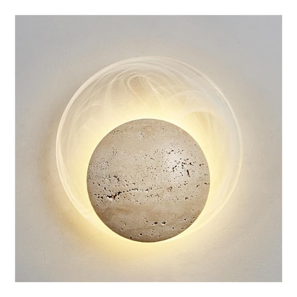 SXECAEPS Stone Wall Sconce Modern Nordic LED Lamp Indoor Round Travertine Lantern for Bedroom Bedside Living Room Study Corridor Entryway Restaurant Night Light(A)