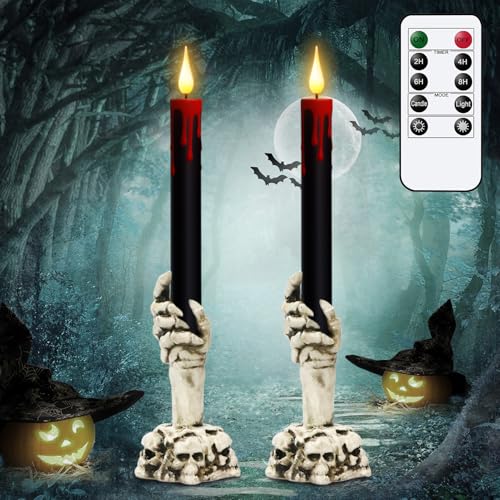 Image of Black Flameless Taper Candles Battery Operated with Remote and Timer, Blood Dripping Wax LED Flickering Candles Skeleton Hand Holders Dinner Table Halloween Decor Lights(2 Pack, 3 inch x 12 inch)