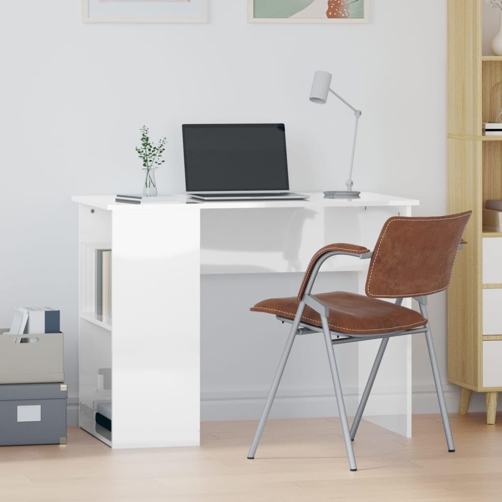 Scrivania bianca lucida, 100 x 55 x 75 cm, scrivania per computer con 2 scomparti, in legno, per studio e ufficio, moderna scrivania da ufficio con spazio per libri e raccoglitori