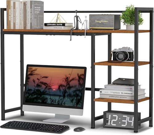 Schreibtisch-Regal-Organizer, Schreibtisch-Aufsatz für Computer-Monitor, 4-stufiges Desktop-Display-Regal, Holz-Desktop-Bücherregal-Aufbewahrungsregal für Zuhause Büro Wohnheim, Rustikales Braun