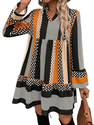 SweatyRocks Kleider Damen Polka Dots Tunika Kleid Volant Ärmel Shortkleid V Ausschnitt Damenkleid Rüschensaum Freizeitkleid Rüschenkleid Orange...