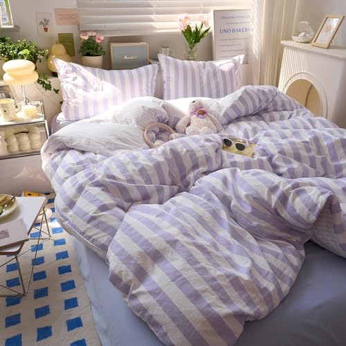 Image of LifeTB Striped Comforter Set Queen, Vintage Purple White Stripes Pattern Printed Bedding Set, Lightweight Soft Striped Bed Comforter with 2 Pillowcases, Farmhouse 3 Piece Comforter Set for All Season