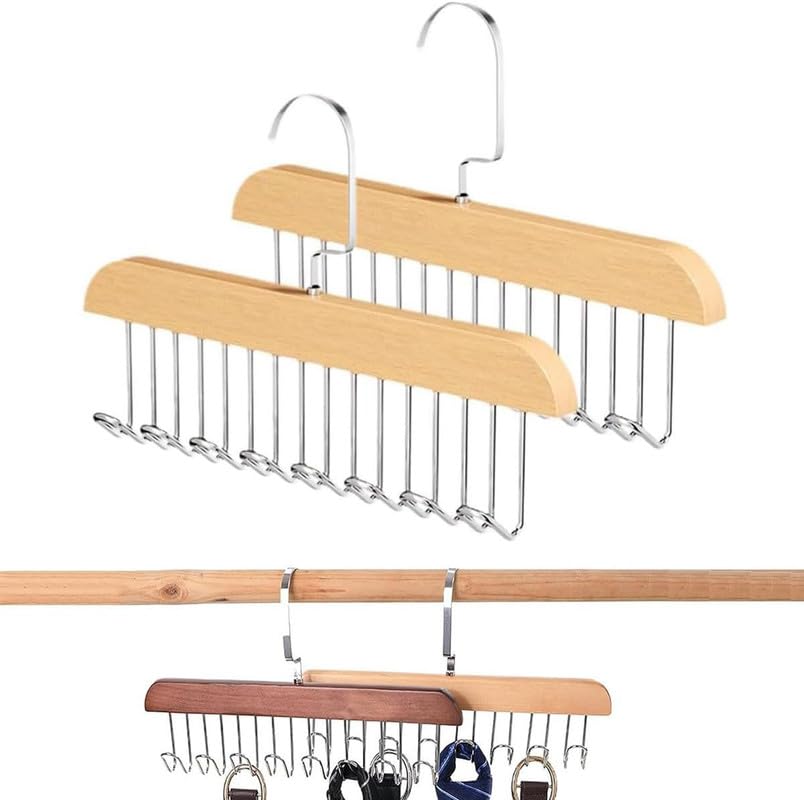 MosQuick® 2 Pcs Tie Hanger with 8 Hanger Hooks Hangers for Clothes Hanging Scarf Bra Organiser Wooden Hangers for Wardrobe Multipurpose Cloth Hanger Belt Hangers for Wardrobe Cupboard Organizer Brown