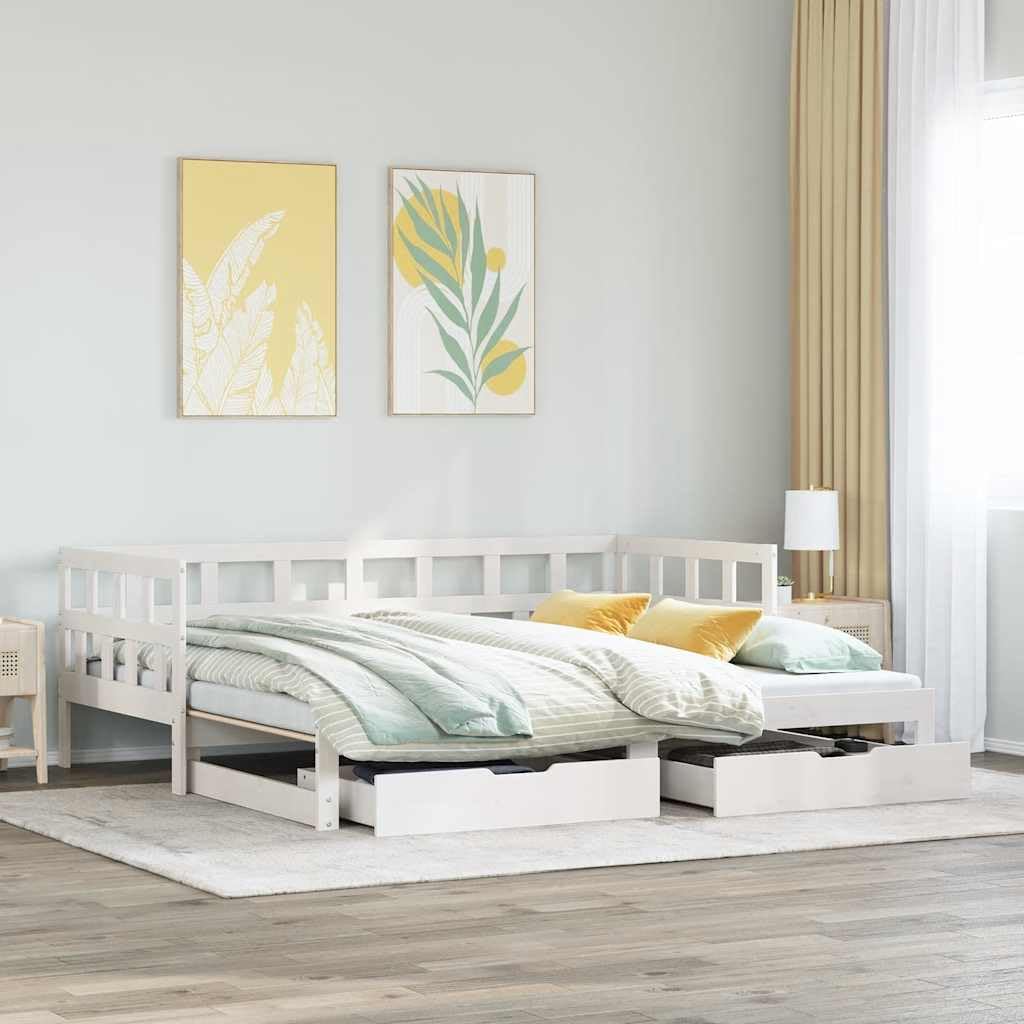 Rozkładane łóżko dzienne z litego drewna sosnowego, sofa 2 w 1 z 2 szufladami do przechowywania, biała rama łóżka 90 x 200 cm, uniwersalny mebel bez materaca, pokój gościnny i salon