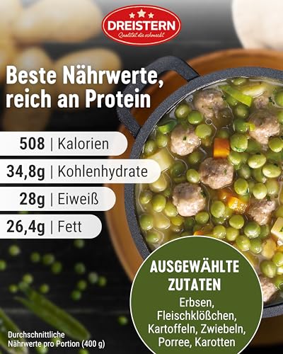 DREISTERN Erbsentopf 800g I Mit Fleischbällchen & Kartoffeln I Herzhafter Eintopf in recyclebarer Konservendose I Lange Haltbarkeit dank natürlicher Konservierung I Hausmacher Qualität