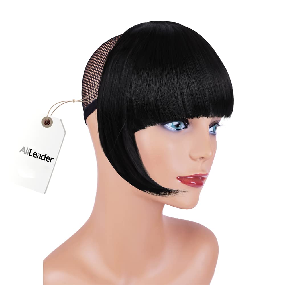 AliLeader Black Bangs False Hair Clip in Bangs Black Synthetic Flat Bang with Temples(Natural Black)