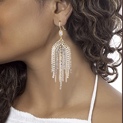 Uttmo Fringe Dangling Tassel Earrings For Women, Handcraft Chandelier Long Bohemian Handmade Beaded Cubic Zirconia Crystal Imitation Pearls Inlay Statement Boho Chain Hook Earrings For Girls Wedding Party #TOP3