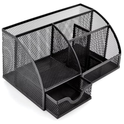 Image of Pratyush Metal Desk Organizer | 6-Compartment Storage Caddy Holder with Drawer | Keeps Pens, Scissors and Stationery Storage Tidy for Home, Office, Study Table and WFH Desk Setup (Black)