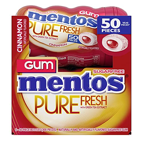Mentos Pure Fresh Sugar-Free Chewing Gum with Xylitol, Cinnamon, 50 Piece Bottle (Bulk Pack of 6)
