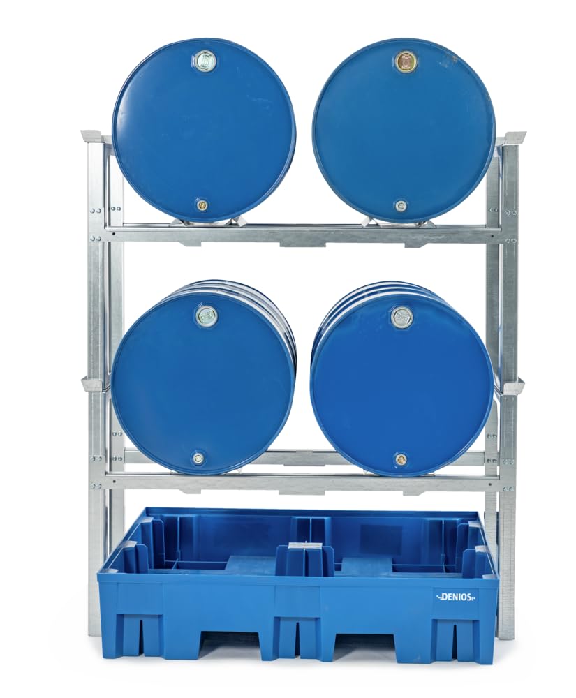 DENIOS Fassregal/Abfüllstation für 4 Fässer à 200 L, Kunststoff-Auffangwanne, 1429 x 1235 x 1637 mm