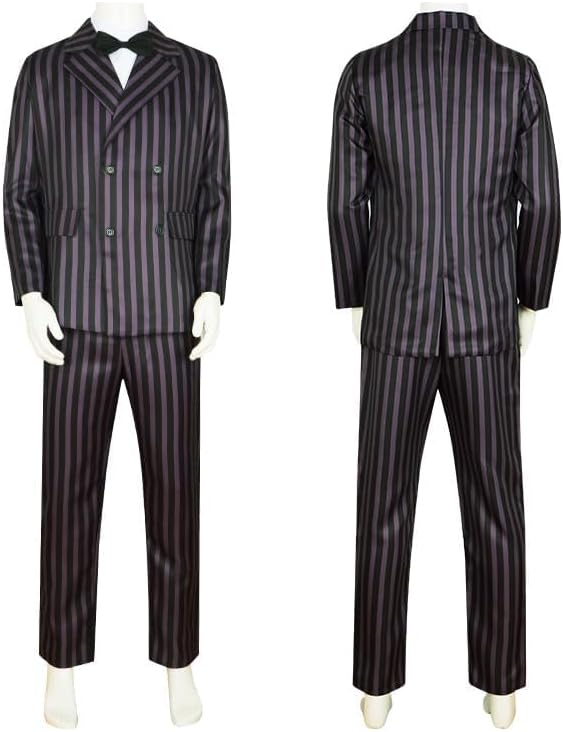 Adult Gomez Addams Costume Mens Gomez Cosplay Costume Black Striped Blazer Pants Shirt Tie Set (Men's 2XL, Uniform+Wig) - Image 2