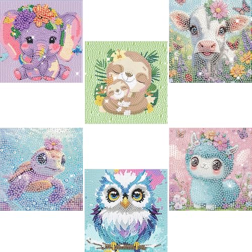 LCOZX 6 Pack 5D Diamond Painting Kits for Kids Beginners Full Drill Cute Animals Diamond Art Kits Diamond Art Arts and Crafts for Kids Ages 4-8-12 Home Wall Decor 6x6 Inch