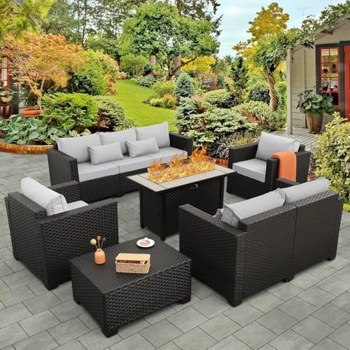 Rattaner 6 Pcs Outdoor Furniture Sets Patio Furniture Set with 45' Fire Pit Patio Couch Outdoor Chairs 60000 BTU Steel Propane Fire Pit Table No-Slip Cushions and Waterproof Covers, Light Grey