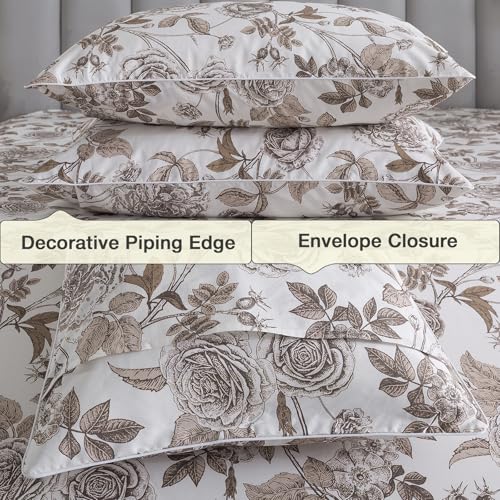 Image of Vintage Brown Floral Percale Bed Sheets, Queen Size 100% Cotton Deep Pocket Botanical Flower Farmhouse Sheet Set, Crisp Shabby Chic Toile Sheets, French Country Bedding, Cream White, 4Pcs