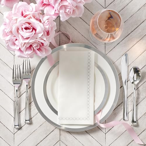 By Madee HEAVYWEIGHT Elegant Disposable Dinnerware Set - Silver Fancy Plastic Dinnerware Sets with Plates, Cutlery, Napkins - Disposable Party Plates for Wedding, Baby Shower - 175 Pcs (25 Guests)