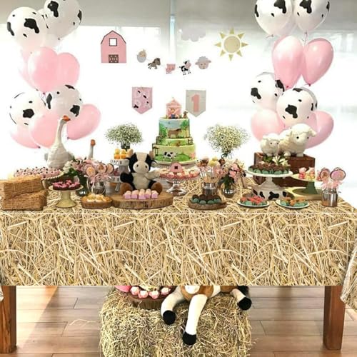 PTECDROTS 4 Stück Stroh-Tischdecke, rechteckig, wasserdicht, Bauernhof-Tischdecke, Heustapel für Bauernhof-Party-Dekorationen, Cowboy-Western-Mottoparty-Zubehör, 130 x 220 cm