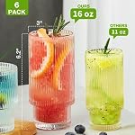 Qipecedm 6 Pack Ribbed Drinking Glasses - 16 oz Vintage Glass Cups, Highball Cocktail Glasses, Premium Iced Coffee Tumblers, Elegant Glassware for Water, Juice, Whiskey, Beer