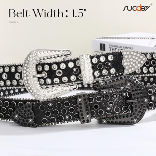 Image of Women Fashion Rhinestone Belt SUOSDEY Western Cowgirl Bling Studded Design Leather Diamond Belt for Jeans Dress, 05-black(silver Buckle), S：fits pants size 28''-32''