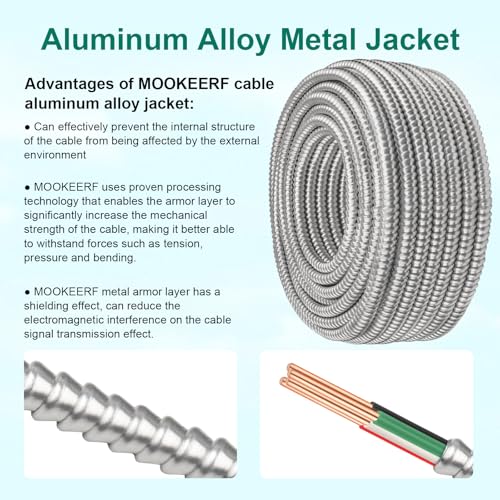 Image of MOOKEERF 12 /3 MC Cable with Ground - 100FT Pure Copper 12AWG /3 Metal Clad Wire with Aluminum Armor 12 Gauge 3 Conductor Type MC Alum Cable