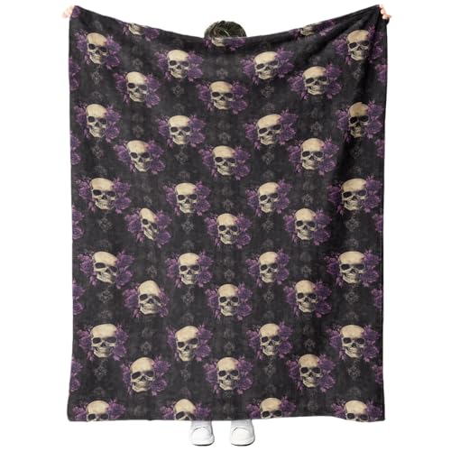 YWZDS Gothic Skull Throw Blanket Purple Roses Skull Fleece Blanket for Naps Outdoor Travel Office Gift (30 x 40 inch)