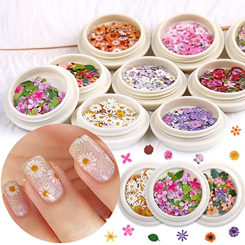 Maiousu Store 9 Boxes 450Pcs 3D Flower Nail Art Sequins Decals(Not Self-Adhesive Not Stickers) Colorful Mixed Flowers Leaves Design Slice Nail Flowers Ultra Wood Pulp Flakes Sequins(Type 3) #TOP1