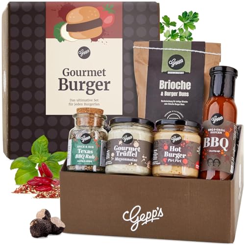 Gepp’s Feinkost Burgerbox Geschenkset I Gefüllt mit feinsten Grill- und BBQ-Saucen, Texas BBQ Rub und Brioche I Geschenkidee für Grillfeste, Burger-Abende...