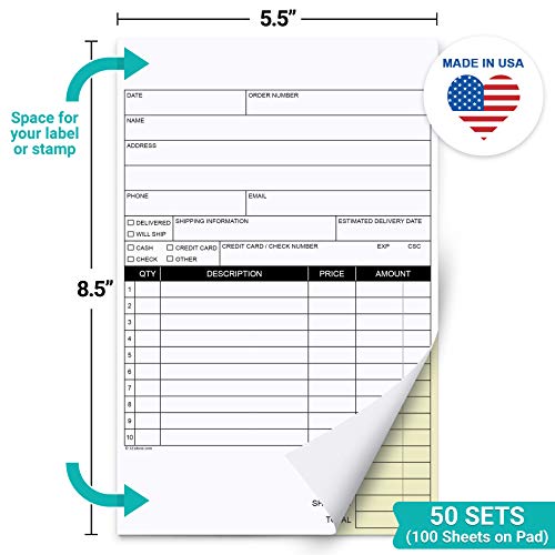 321Done Blank Sales Form Pad, 5.5X8.5 Small 2-Part Carbonless, Made In Usa, Carbon Copy Generic Receipt Purchase Order Notebook For Small Business (50 Sets) White/Yellow, Heavyweight Paper #TOP1
