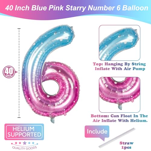 Image of 40 Inch Balloon Number 6 Blue Pink, Large Foil Mermaid 6 Balloons Number for Women, Starry Rainbow Globos de Numero 6 Helium Balloons for Girls 6th Birthday Anniversary Graduation Party Decorations