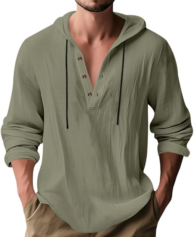LIZALIG Men's Cotton-Linen Sweatshirt 1/2 Button Hooded Solid Color Casual Sweatshirts for Vacation and Daily Wear