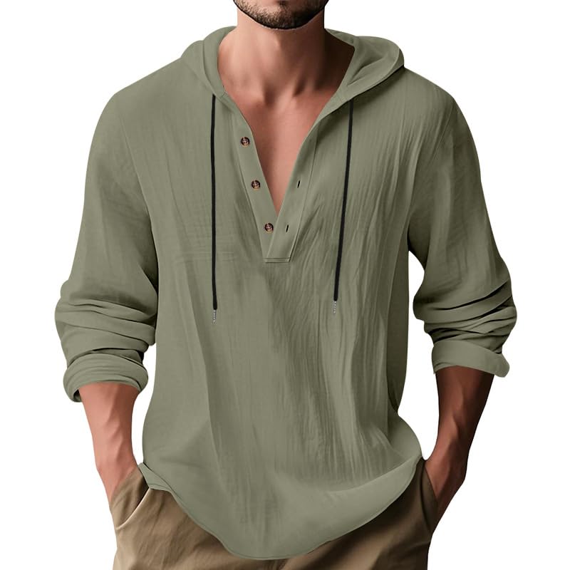 LIZALIG Men's Cotton-Linen Sweatshirt 1/2 Button Hooded Solid Color Casual Sweatshirts for Vacation and Daily Wear