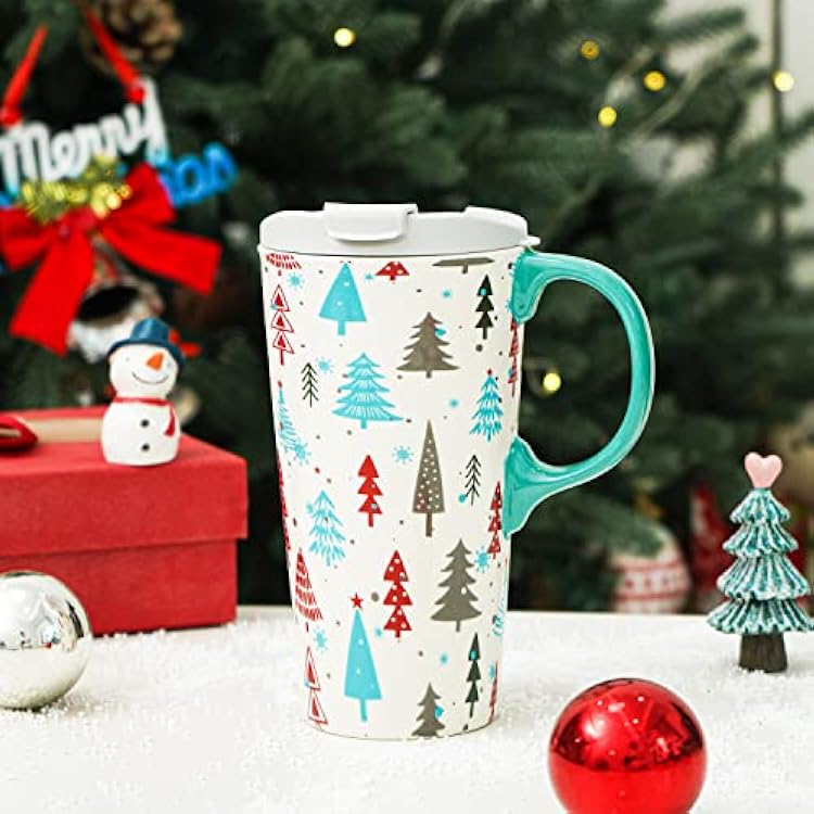 Christmas Ceramic Coffee Mug Travel Cup with Handle & lid, Holiday Xmas-Tree Cup for Home & Office, 17oz Tall Tea Cup with Gift Box, Xmas Tree