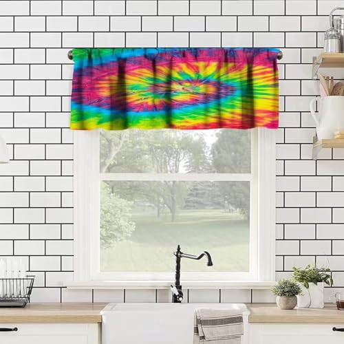 Image of Swirl Tie Dye Multicolor Window Valance Curtain,Retro Spiral Hippie Style Chic Watercolor Window Valances Treatments for Kitchen Living Room Cafe Decor 54'x18', 1 Panel
