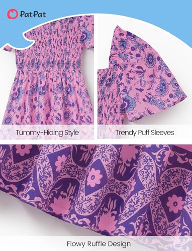 Image of PATPAT Family Matching Outfits Mommy and Me Dresses Floral Dress & T-Shirts | Mommy and Me Easter Dresses, Puff Sleeve Floral Sundress, Cotton Blend T-shirts, Couples Party Wedding Vacation Outfits