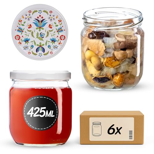 KADAX Tarros de conservas de 425 ml con tapa de rosca fi82, tarros con tapón de rosca, tarros de conserva, tarros de conserva, tarros para mermeladas, conservas, miel (flores, 6 unidades)